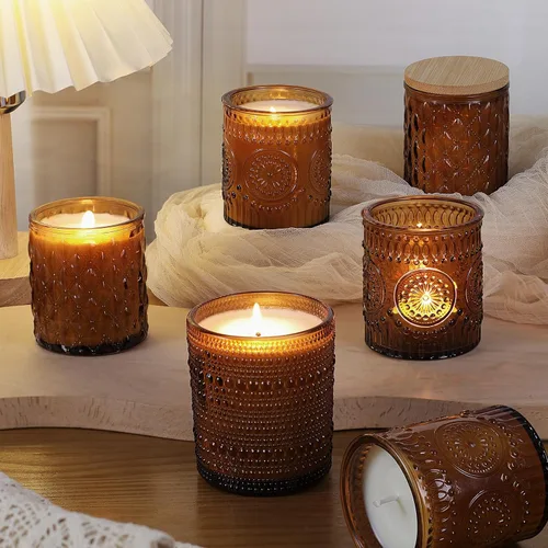 Vista 5 de DARJEN Paquete de 12 tarros de vela de ámbar para hacer velas - 3 estilos de tarros de vidrio para hacer velas a granel con tapas de bambú