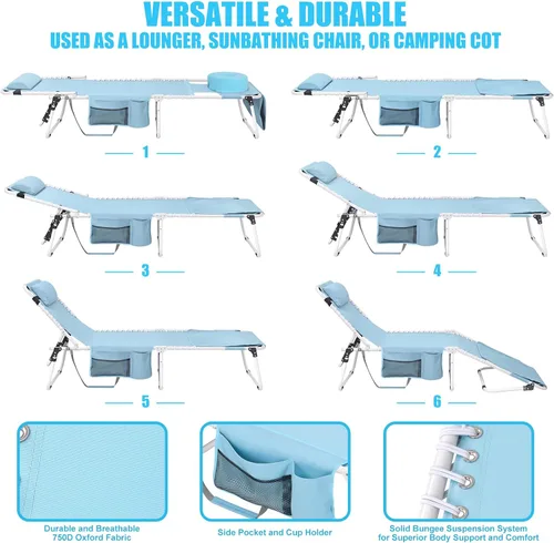 Vista 4 de Silla de bronceado resistente con orificio facial, ajustable, 5 posiciones, tumbonas plegables para exteriores, portátiles, planas, para la playa