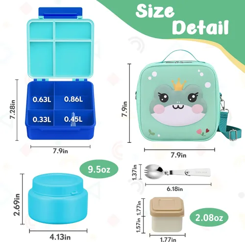 Vista 3 de Lonchera Bento para niños con termo de sopa de 9 onzas, recipientes de comida a prueba de fugas para niños con 4 compartimentos, bolsa de almuerzo