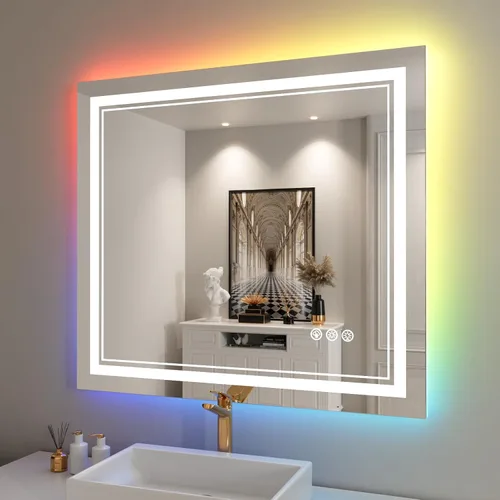 Vista 15 de Espejo de baño LED de 24 x 28 pulgadas, luz frontal y retroiluminada, antiniebla, regulable, espejo de tocador iluminado con memoria, espejo LED