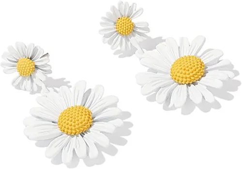 Vista 7 de Aretes colgantes de margarita para mujer, aretes de margarita con diseño de damángel, aretes de verano para mujer, regalo de los años 60 y 70