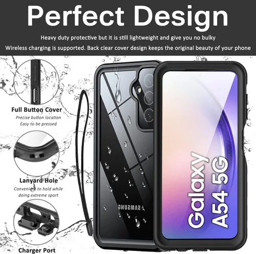 Vista 6 de Miimall Funda impermeable compatible con Samsung Galaxy A54 5G, protector de pantalla transparente HD integrado, parachoques completo a prueba