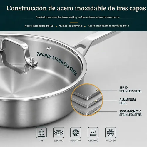 Vista 2 de Yeksum Sartén de acero inoxidable de tres capas, 7 cuartos de galón, sartén de 12 pulgadas de profundidad con tapas, sartén grande de 3 capas