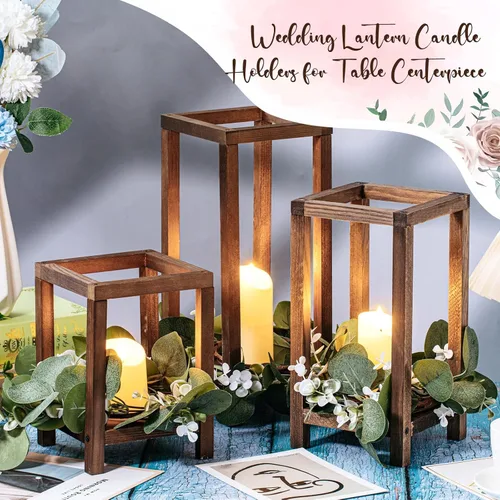 Vista 3 de Soaoo 24 faroles de madera para velas de boda, centro de mesa a granel para mesa, portavelas de madera rústica, farol de granja para bodas, fiestas