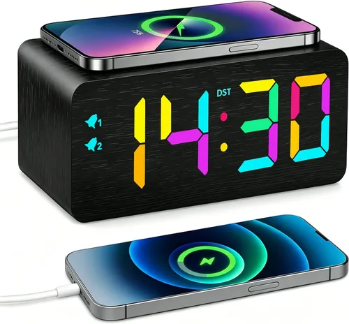 Vista 10 de URAYCO Reloj despertador digital de madera con cargador inalámbrico rápido de 10W, puertos de carga USB, DST, atenuable, modo repetición, pantalla