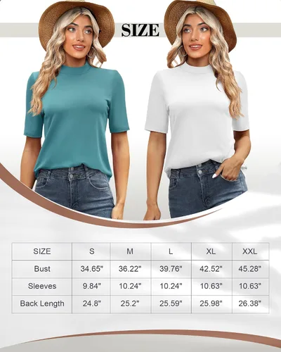 Vista 6 de Paquete de 2 camisetas casuales para mujer, cuello alto falso, camisas de negocios, media manga corta, cuello alto, manga corta, blusa de trabajo