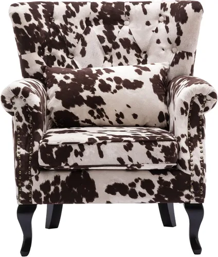 Vista 35 de Juego de 2 sillas decorativas modernas de mediados de siglo, sillón de tela de lino con respaldo acolchado/patas de madera, sillón de descanso