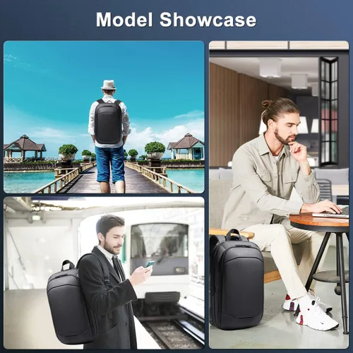 Vista 9 de hk Mochila de negocios para hombres de 17 pulgadas, delgada y expandible, impermeable, mochila de viaje para laptop con puerto de cargador USB, Negro