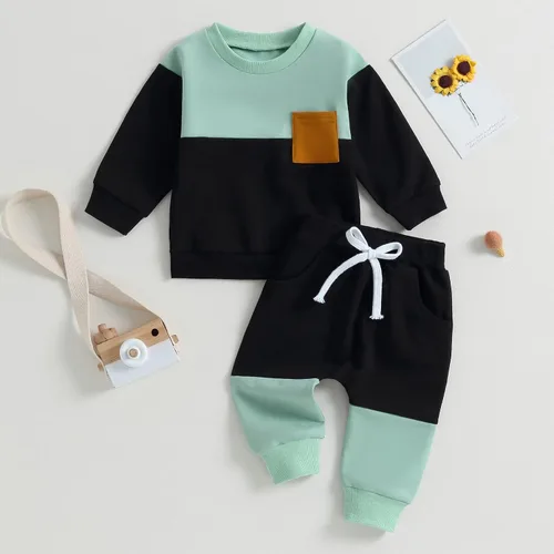 Vista 2 de kacubwyy Conjunto de ropa de manga larga con bolsillo y pantalones lisos, para otoño e invierno