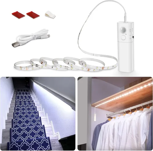 Vista 11 de WOBANE Tira de luz recargable con sensor de movimiento, luces LED para armario, escalera, despensa, armario, cama, casillero, 2700 K, blanco cálido