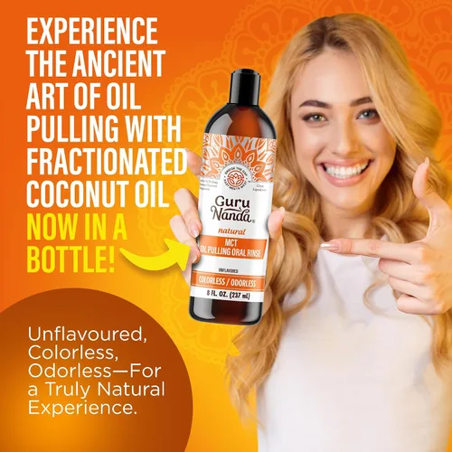 Vista 2 de GuruNanda Smile Kit de cuidado bucal – Enjuague bucal MCT Oil Pulling con aceite de coco fraccionado y tiras blanqueadoras de dientes de 7 días
