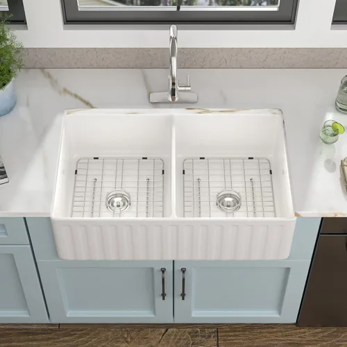 Vista 12 de Fregadero de cocina blanco de 32 x 19 pulgadas, cuenco doble de arcilla refractaria de porcelana de cerámica blanca, doble montaje 50/50, montaje