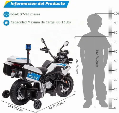 Vista 3 de Motocicleta de policía para niños de 12 V, motocicleta con licencia