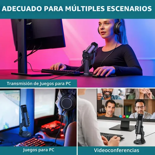 Vista 7 de Micrófono de condensador USB para computadora, micrófono de PC Plug & Play con ganancia de micrófono eco, control de volumen y botón de silencio