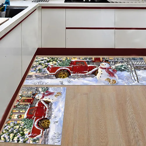 Vista 12 de Libaoge Juego de 2 alfombras y tapetes de cocina de invierno de Navidad para Año Nuevo, diseño abstracto de copo de nieve, alce azul, tapete