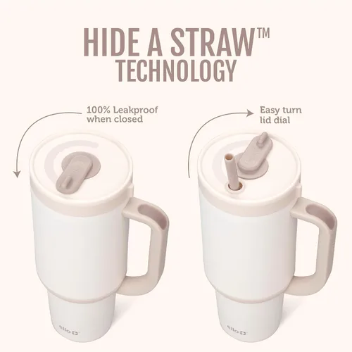 Vista 2 de Ello Oasis Vaso de 24 oz con asa y popote retráctil Taza reutilizable de acero inoxidable aislada 100% a prueba de fugas, regalos