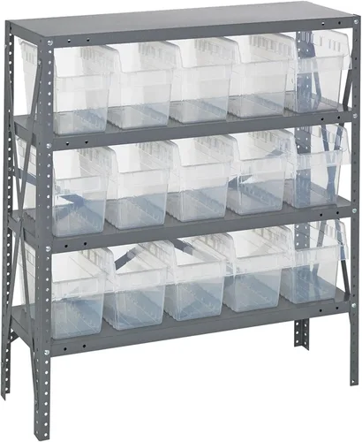 Vista 416 de Quantum QSBU-245BK Heavy Duty Shelving Unit with (7) Shelves and (24) QUS245 Black Bins for Garage Warehouse Storage Distribution 400 lb Load