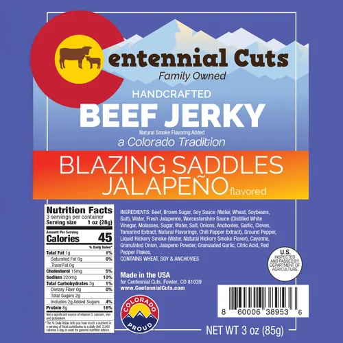Vista 2 de Centennial Cuts Carne seca – Blazing Saddles Jalapeño – Alto en proteínas, sabor a jalapeño audaz – Snack de 3 oz