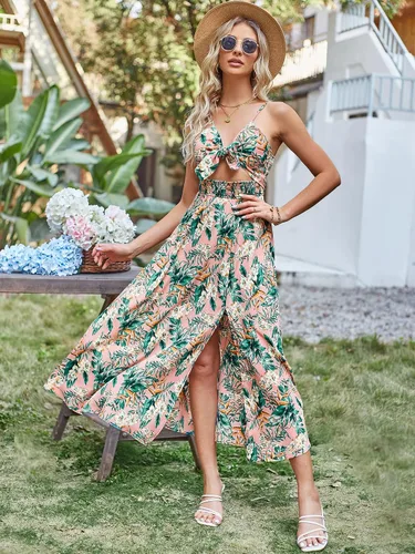 Vista 6 de Vestido de verano para mujer, diseño de hojas tropicales, lazo frontal, tirantes delgados, cintura fruncida, corte acampanado, maxi vestido