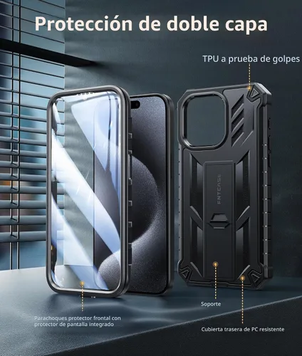 Vista 7 de FNTCASE - Funda para iPhone 15 Pro Max, protector de pantalla integrado, función atril Military-Grade Drop Protection, Anti-Slip Matte Textured