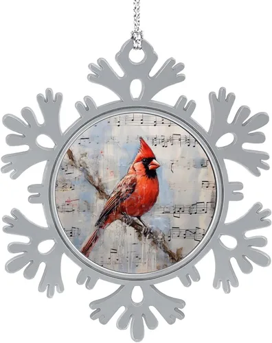 Vista 16 de El cardenal rojo se sienta en una rama de pino en el invierno, adornos de Navidad de copo de nieve de metal, patrón de pájaro cardenal, regalo