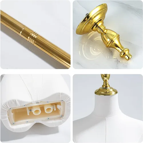 Vista 6 de Maniquí femenino ajustable con forma de torso para exhibición de ropa con soporte de metal dorado
