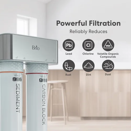 Vista 5 de Brio Sistema de filtración debajo del fregadero de 2 etapas, grifo de níquel cepillado, filtros de sedimentos y carbono de capacidad de 950 galones