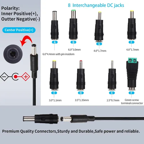 Vista 6 de Fuente de alimentación de 9V 1A Adaptador de CA DC 9Volt Adaptador de corriente Cargador 9V Cable de alimentación con 8 Enchufes de CC