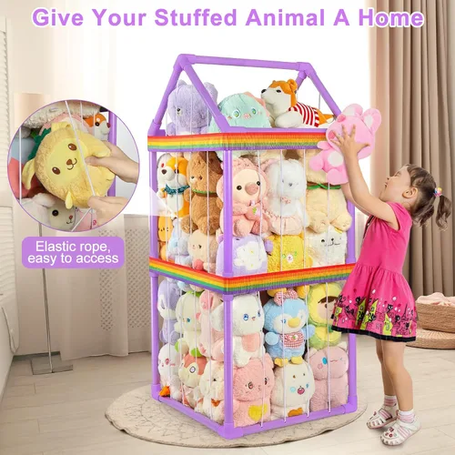 Vista 4 de Basumee Almacenamiento de animales de peluche, zoológico, para niños, con dos correas de arco iris, tubo de PVC, organizador de almacenamiento