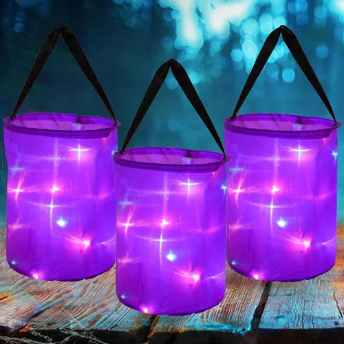 Vista 9 de CCINEE 3 bolsas de dulces de Halloween con luz LED, cubo multiusos iluminado para Halloween para fiesta de Halloween, bolsas de golosinas