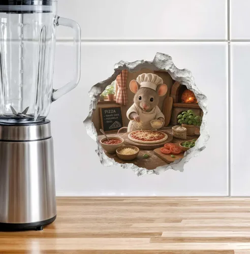 Vista 2 de Calcomanía de ratón de pizza en agujero de ratón, adhesivo de pared 3D con agujero de ratón