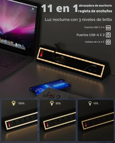 Vista 2 de Regleta de alimentación con abrazadera de escritorio con luz nocturna, carga rápida de 40 W, cable de extensión de 6 pies, USB-C de 4 x 20 W y 2