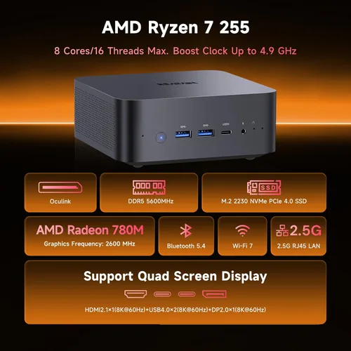 Vista 4 de Reatan X7 Mini PC para juegos, AMD Ryzen 7 255 (8C/16T, hasta 4,9 GHz) Radeon 780M 48GB RAM DDR5 + 1TB SSD Hasta 8K Pantalla Cuádruple Computadoras