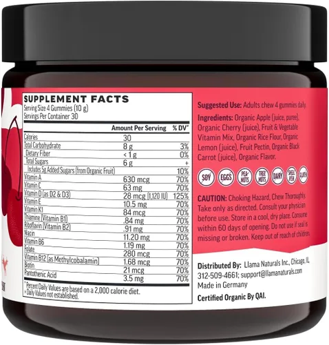 Vista 8 de Llama Naturals Multivitamin para Mujeres y Hombres, Gomitas Veganas y Orgánicas con Vitamina D, C y K, Vitaminas de Fruta Real para Adultos