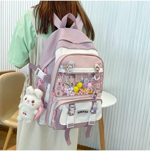 Vista 6 de MBVBN Mochila Kawaii con bonito colgante de felpa con tarjeta Kawaii mochila escolar linda mochila estética para niñas adolescentes suministros
