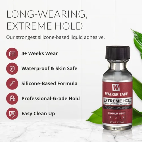 Vista 2 de Walker Tape Extreme Hold - Adhesivo con cepillo de 1/2 fl oz, pegamento de peluca de encaje impermeable de uso máximo para pelucas de encaje