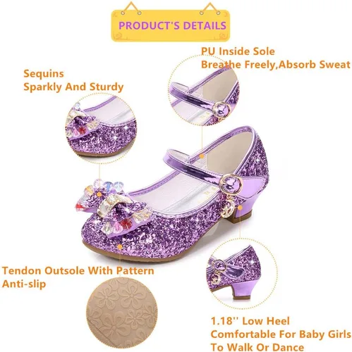 Vista 3 de BININBOX Zapatos de vestir brillantes de Mary Jane para niños y niñas, para bodas, fiestas, damas de honor, tacón alto, princesa con purpurina
