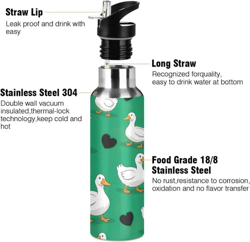 Vista 3 de Cartoon White Ducks Green Stainless Steel Water Bottle 20 Oz Leakproof Water Bottles, BPA-Free Sport Water Bottle Insulated