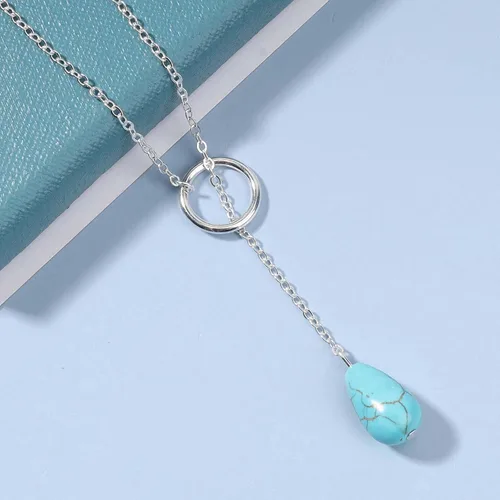 Vista 3 de Allereyae Collar vintage turquesa con forma de gota en Y, collar de círculo de karma, collar de lágrima, turquesa y lariat, collar de plata