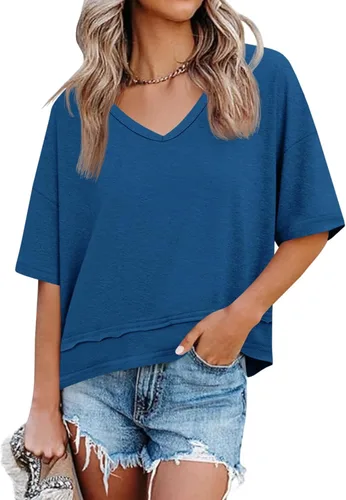 Vista 21 de Cicy Bell Camisetas de verano con cuello en V para mujer, casuales, de manga corta, holgadas, lindas camisetas básicas Caqui