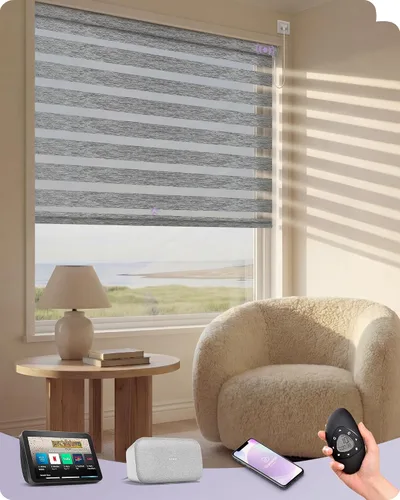 Vista 11 de Graywind Persianas motorizadas de cebra para ventanas, persianas inteligentes 100 % opacas con control remoto, persianas de cebra personalizadas