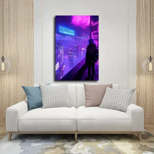 Vista 5 de Surreal Synthwave Art Print – Dreamy Retro Futuristic Cityscape Poster – Unique Sci-Fi Wall Decor Canvas Poster Wall Art Decor Print Picture Frame