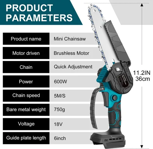 Vista 5 de Mini motosierra para batería M-akita de 18 V, motosierra eléctrica de 600 W sin escobillas de 6 pulgadas, motosierra de mano para tijeras de jardín