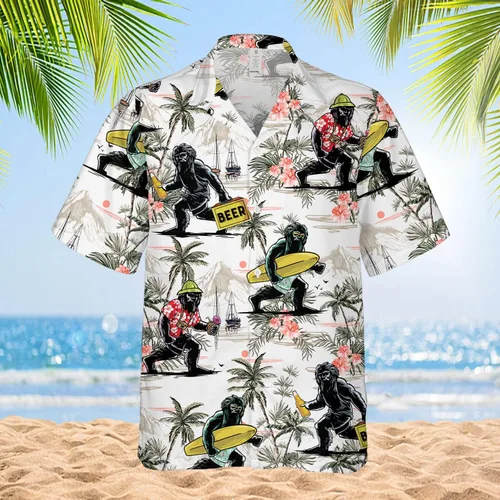 Vista 5 de American Bigfoot - Camisa hawaiana para hombre, divertida camisa hawaiana con botones Sasquatch de manga corta para hombre