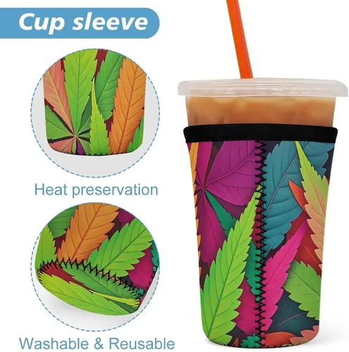 Vista 3 de MultiColor Leaf Weed Art Reusable Insulated Neoprene Iced Coffee Cup Sleeves 3 Sizes Diving Material Cup Durable Beverage Covers for Cold Coffee Tea