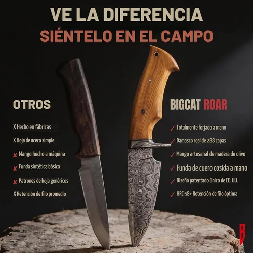 Vista 3 de BIGCAT ROAR Predator Hunter - Cuchillo de hoja fija de acero de Damasco hecho a mano de 10" - Mango de madera de olivo y funda de piel para cinturón