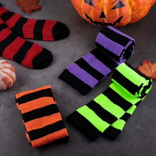 Vista 4 de Aneco 4 pares de calcetines de rayas altas por encima de la rodilla, accesorios de Halloween, cosplay, calcetines altos para adultos, mujeres y niñas