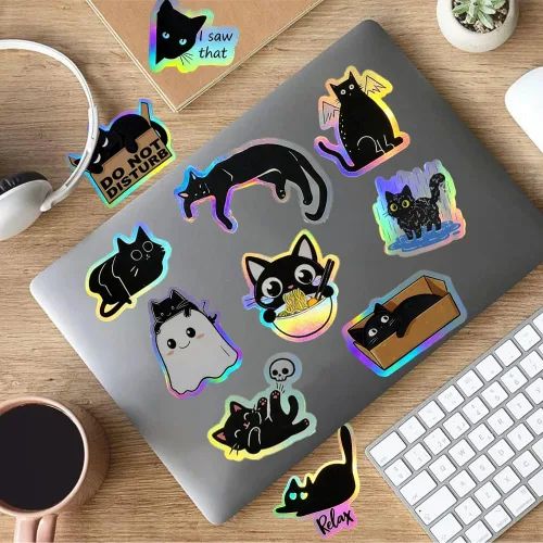 Vista 7 de 110 calcomanías holográficas de gato negro, divertidas y lindas calcomanías de vinilo de gato vacío, calcomanías impermeables con brillo de arcoíris