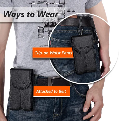 Vista 6 de Funda de cuero genuino para teléfono celular para cinturón de hombre, soporte vertical para teléfono, bolsa para cinturón para iPhone 15 Pro Max 14