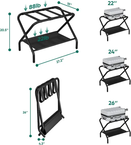 Vista 6 de Smuxee Portaequipajes Negro Paquete de 2, Soporte Plegable para Maletas con Estante de Almacenamiento de Tela, Portamaletas con 4 Correas de Nailon